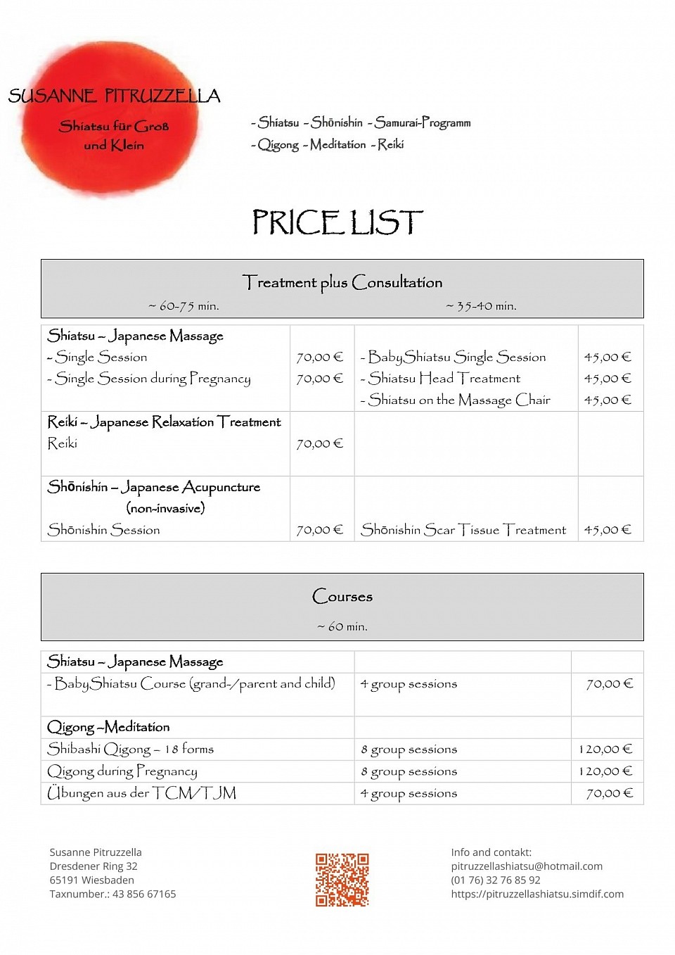 Price list - Susanne Pitruzzella - Shiatsu for people great and small.