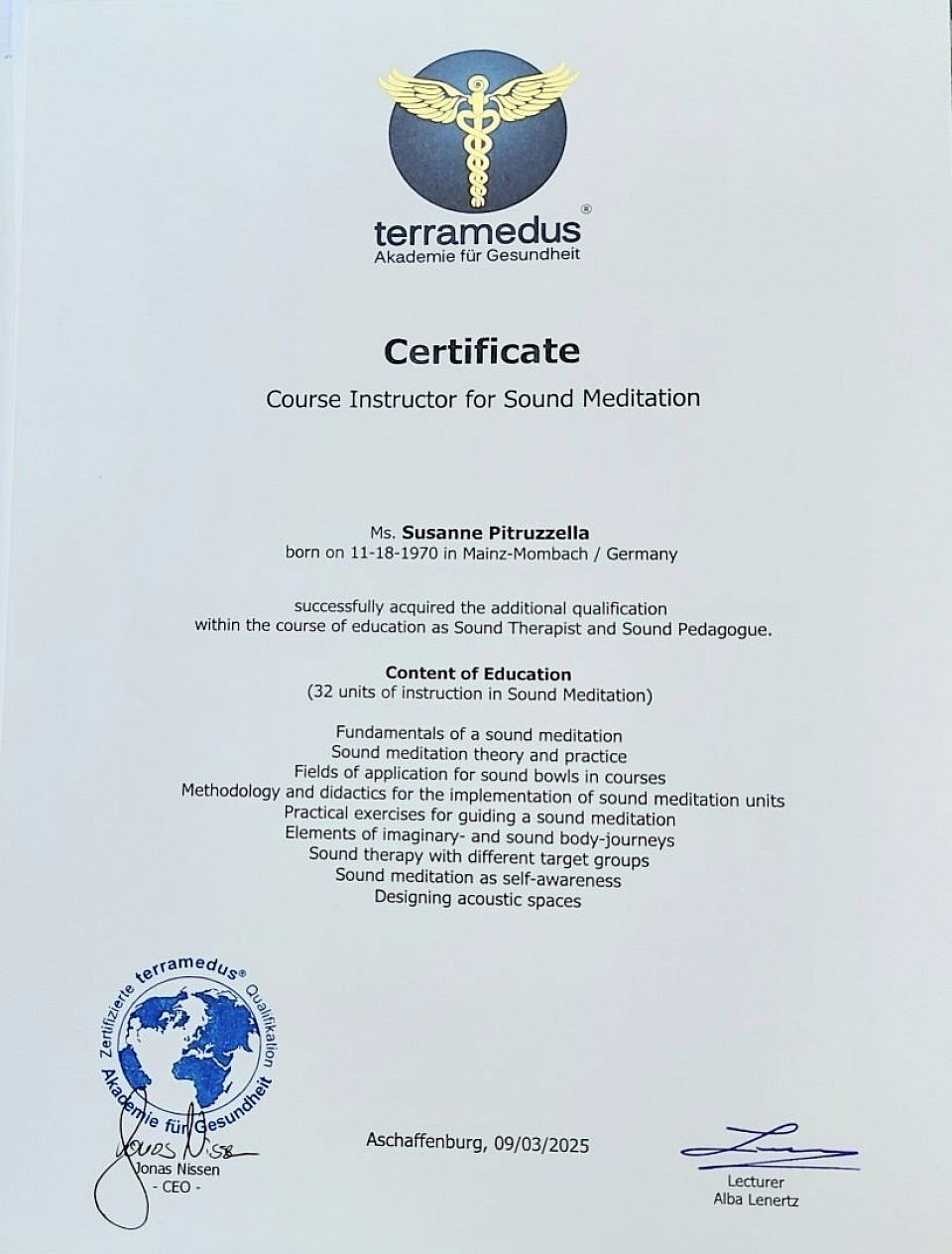 Diploma - Course Instructor for Sound Meditation (terramedus)